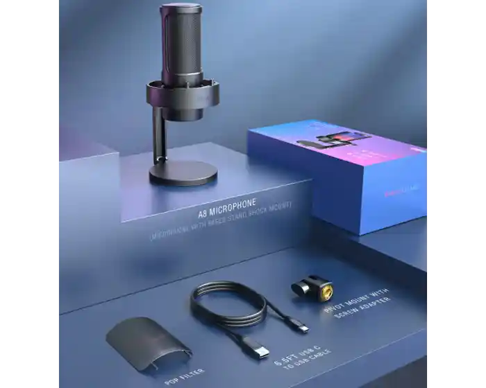 Fifine Ampligame A8 USB microphone with controllable RGB, live monitoring, input dial, pop filter for streaming